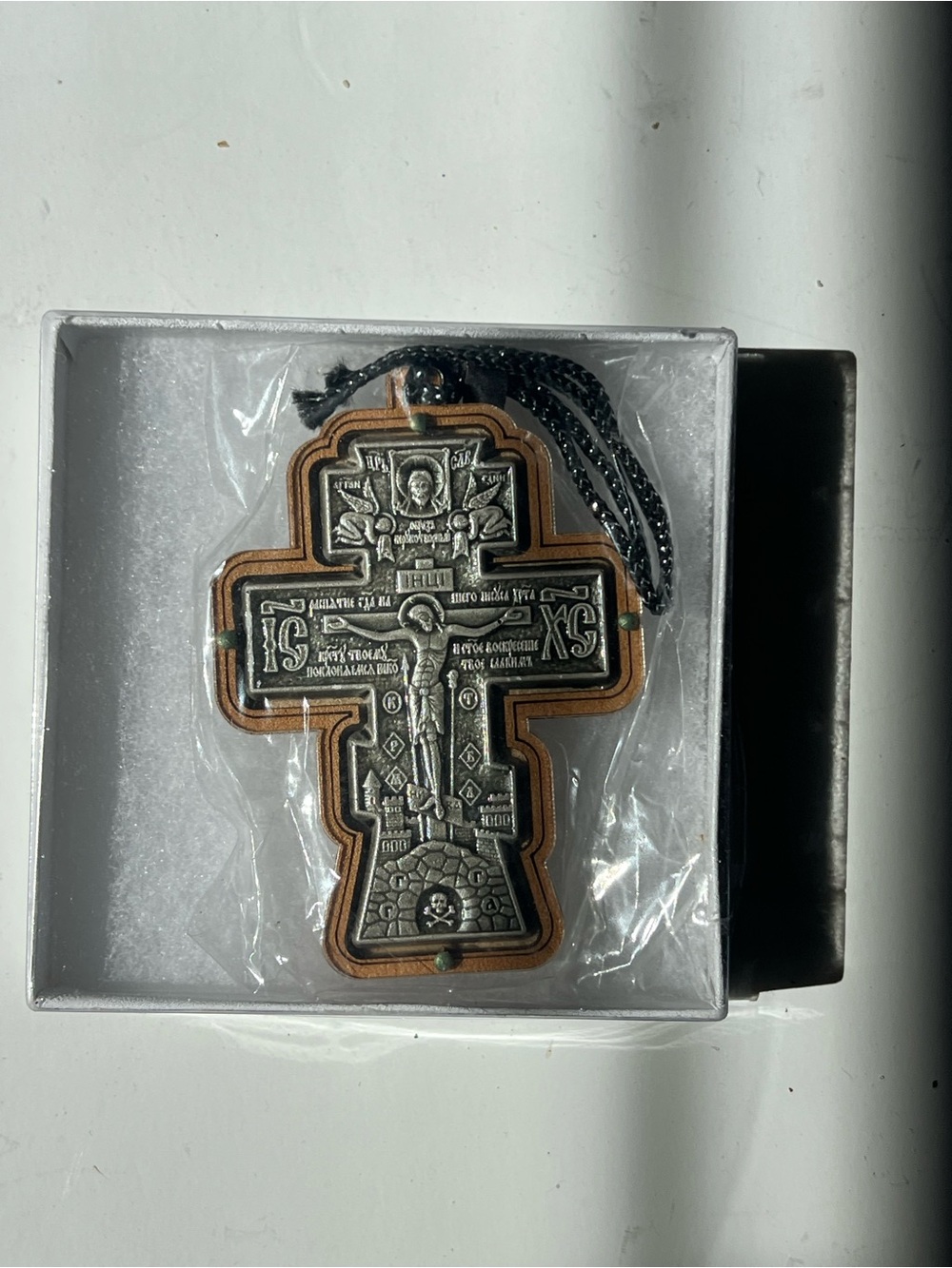 Ornate Orthodox Cross Pendant - Silver & Wood Tone